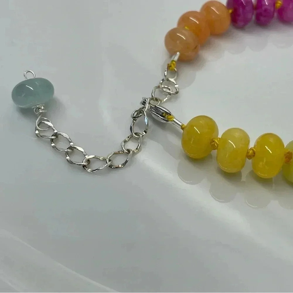 Rainbow Beaded Hand Knotted Bracelet Sterling Silver Silk Crystal Quartz Ombré - Picture 7 of 8